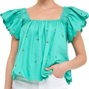 Floral Embroidered Scallop-Sleeve Square Neck Top in Aqua
